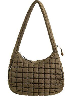 Women Mid Khaki Quilted Tote Puffer Lightweight Zipper Nylon Crossbody Handbag